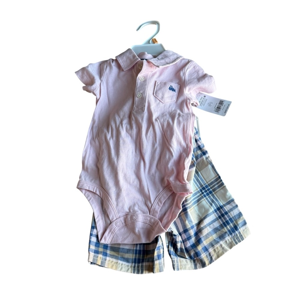 NWT Carter's Baby Pink Polo Onesie with Plaid Shorts 2‎ piece set